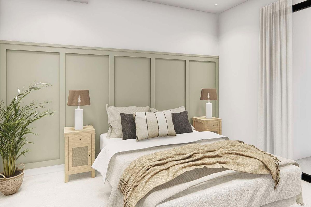 Charmante slaapkamer met zachte texturen en gezellige meubels in een 3-slaapkamer bungalow in Dolores, Costa Blanca Zuid.