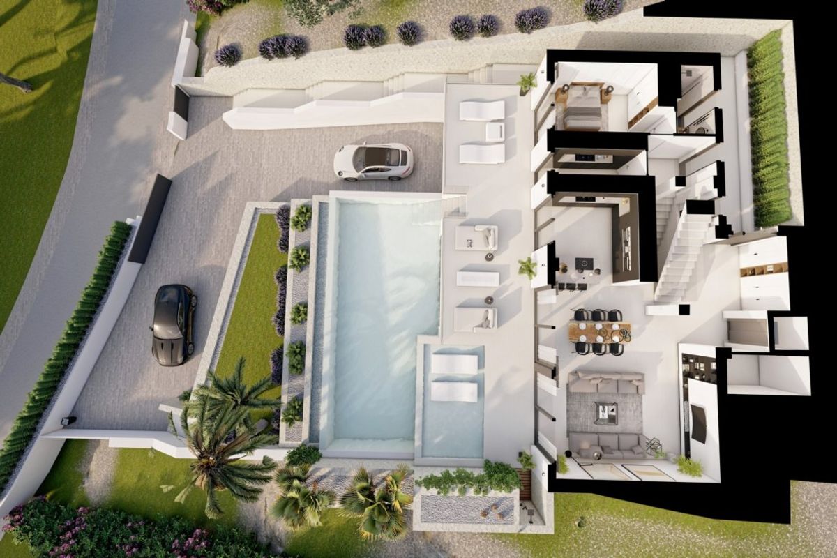 Luchtfoto van de plattegrond van de villa met lay-out en zwembad in Altea.