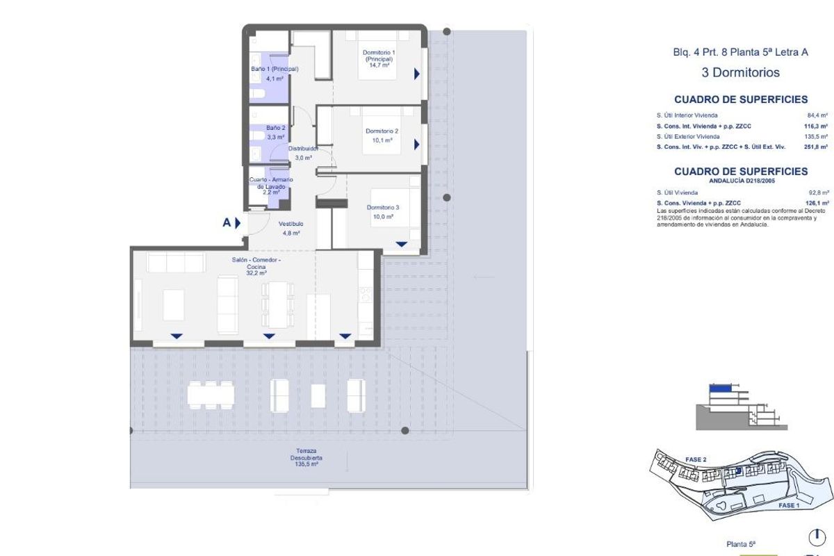 Uitgebreide plattegrond die de indeling toont van een 3-slaapkamer penthouse in San Roque, Costa del Sol, met ruime gebieden.