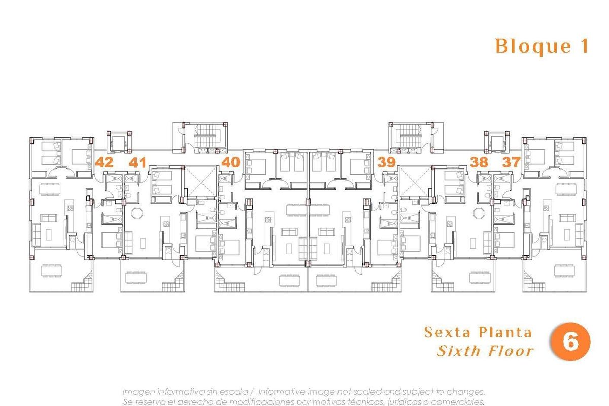 Plattegrond van de zesde verdieping van de penthouse-unit met kamers in San Miguel de Salinas, Costa Blanca Zuid.