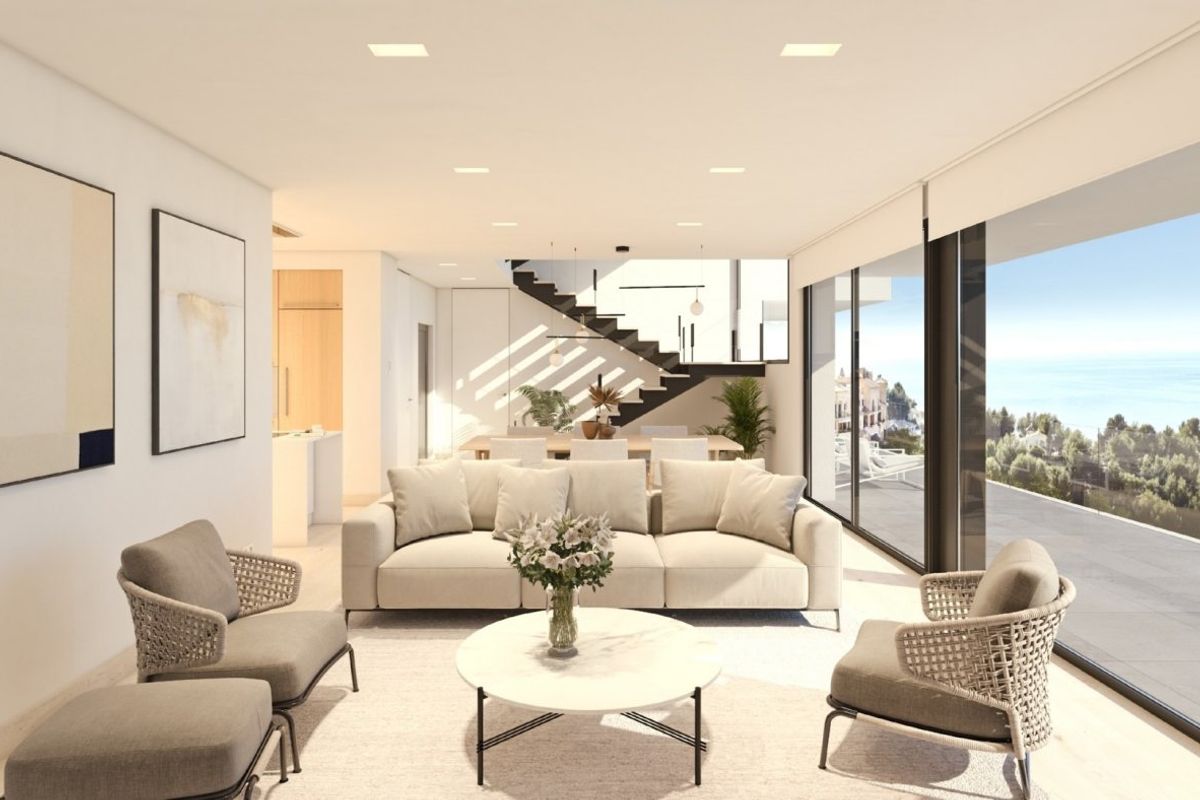 Stijlvolle woonkamer met panoramisch uitzicht en comfortabele zitplaatsen in een 4-slaapkamer villa in Altea, Costa Blanca Noord.