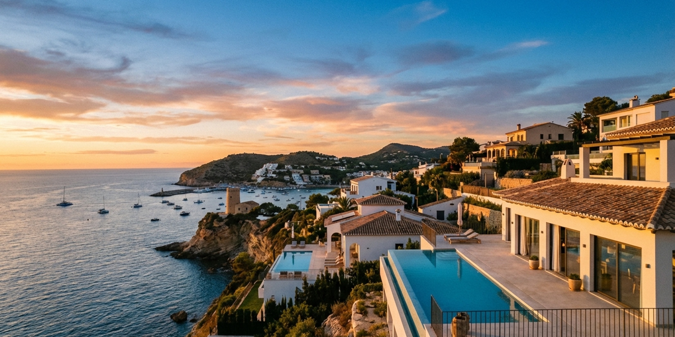 Panoramisch uitzicht op de kustlijn van Moraira en de baai van El Portet bij zonsondergang