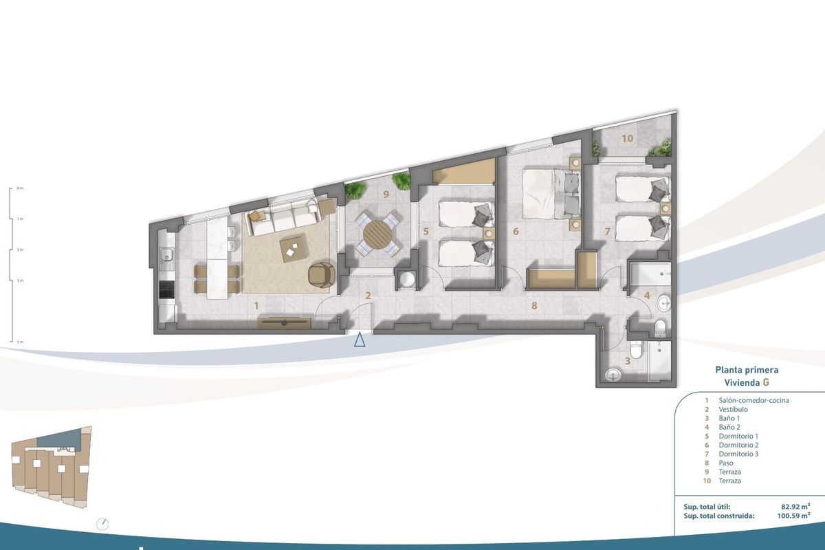 Plattegrond van een 3-slaapkamer appartement met slaapkamers en woonruimtes in San Pedro del Pinatar.