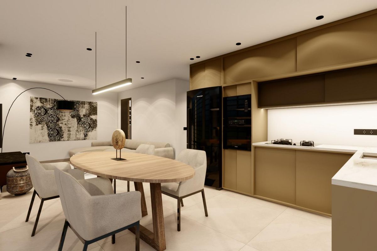 Eetruimte in een moderne villa in Benijofar, met stijlvolle meubels en uitzicht op het terras.