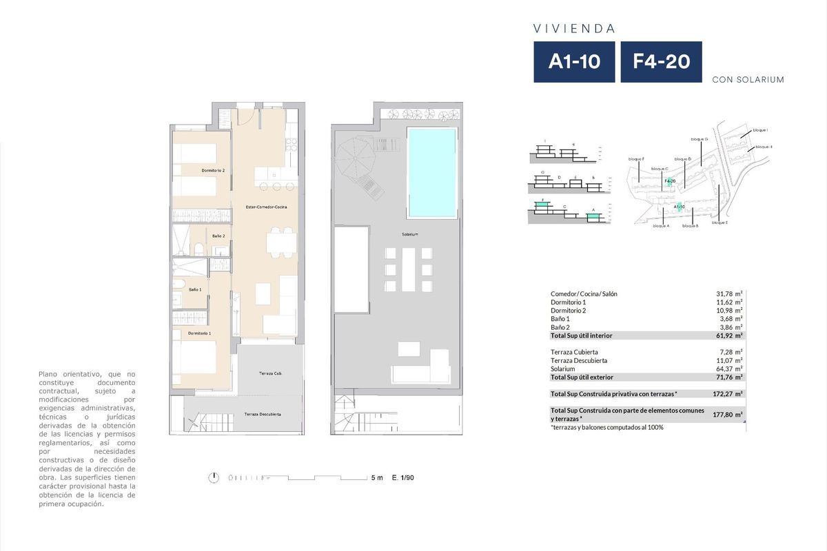 Plattegrond van een 2-slaapkamer penthouse in Alfas del Pi, Costa Blanca Noord, met indeling en voorzieningen.