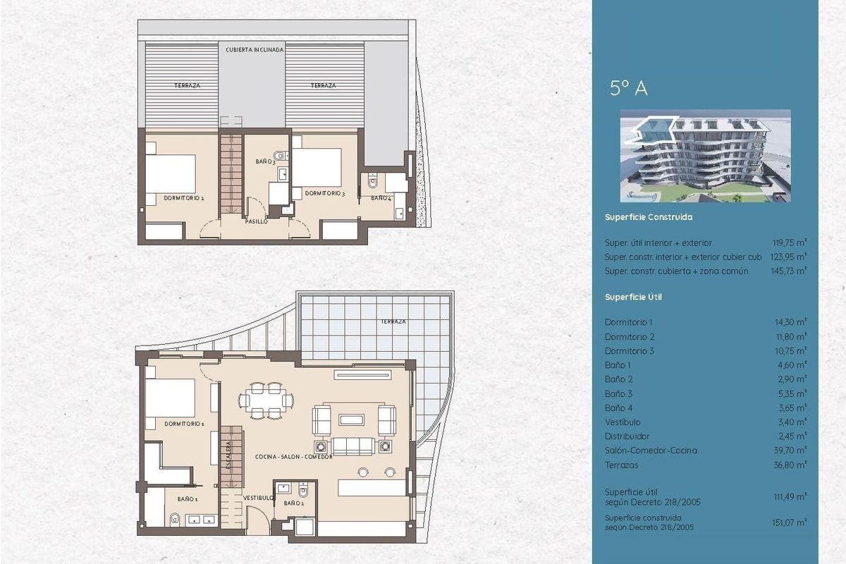 Plattegrond van een 3-slaapkamerpenthouse in Benalmádena, Costa del Sol, met layout en afmetingen.