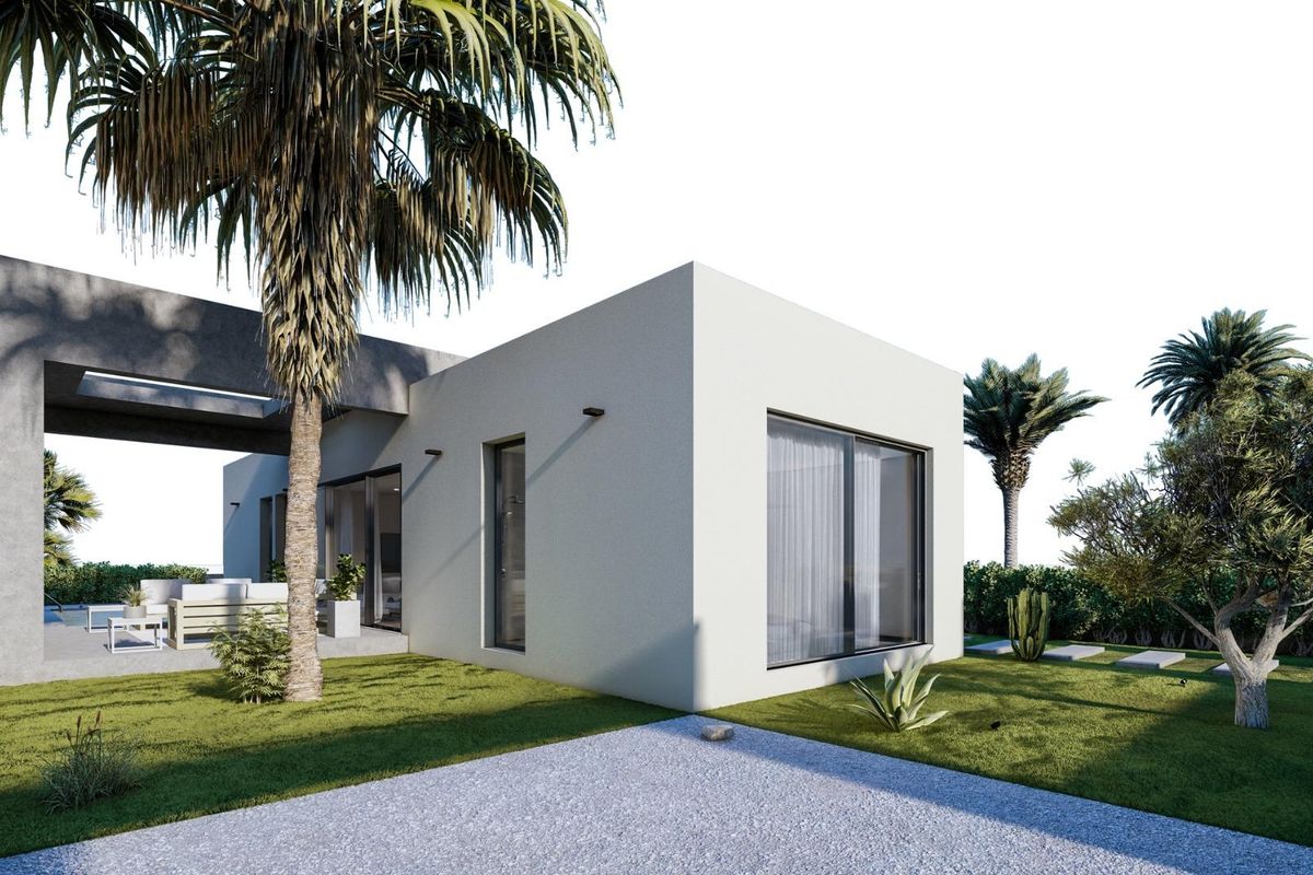 Stylish exterior view of the villa showing palm trees in Baños y Mendigo, Costa Calida.