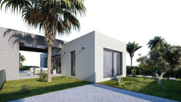Exterior view of a modern 3-bed townhouse with palm trees in Baños y Mendigo, Costa Calida, Spain.