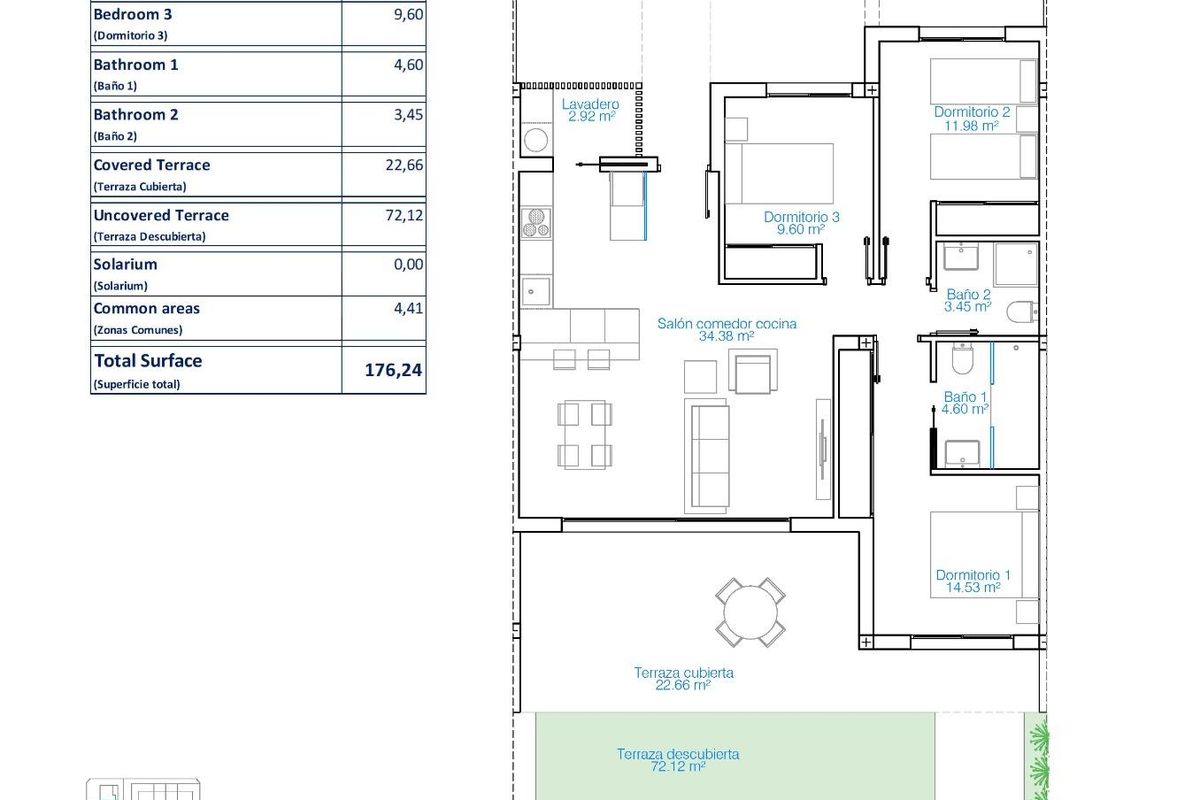 Plattegrond van een 3-slaapkamer appartement in Pilar de La Horadada, Costa Blanca Zuid, met woonruimtes.