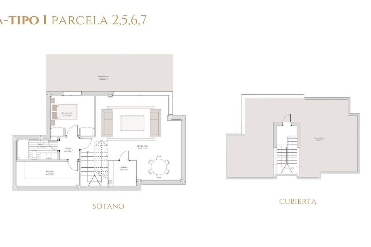 Plattegrond van de kelder en het dak van de villa's in Estepona, met veelzijdige woonruimtes voor bewoners.