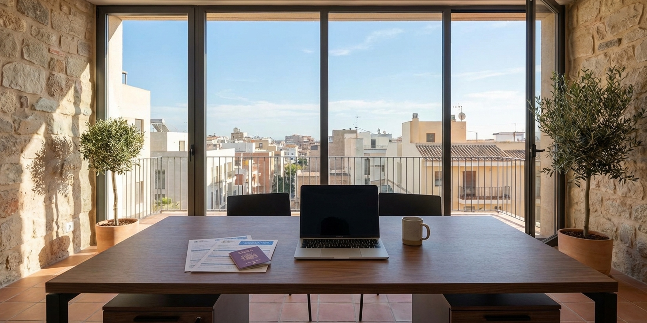 Modern office desk in Murcia with Spanish government forms and a passport
