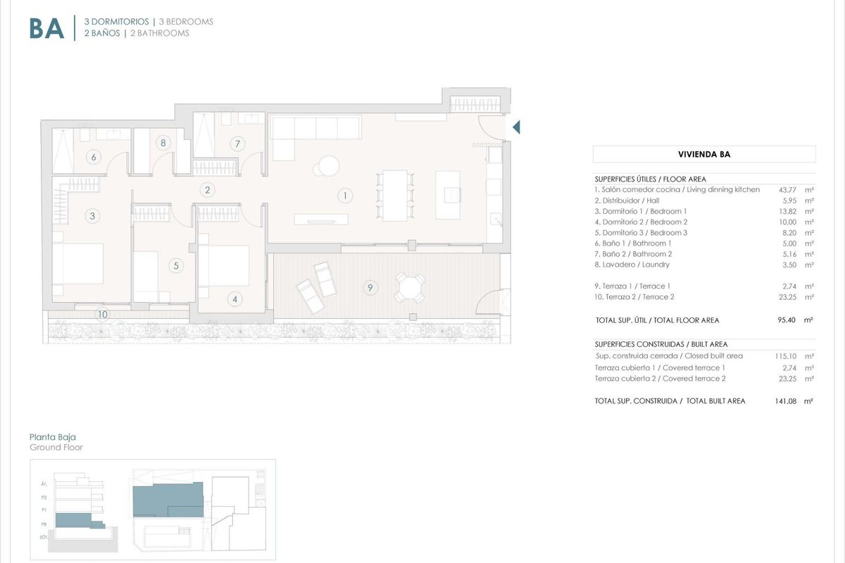Plattegrond van een 3-slaapkamer appartement op de begane grond gelegen in Benijofar, Costa Blanca.