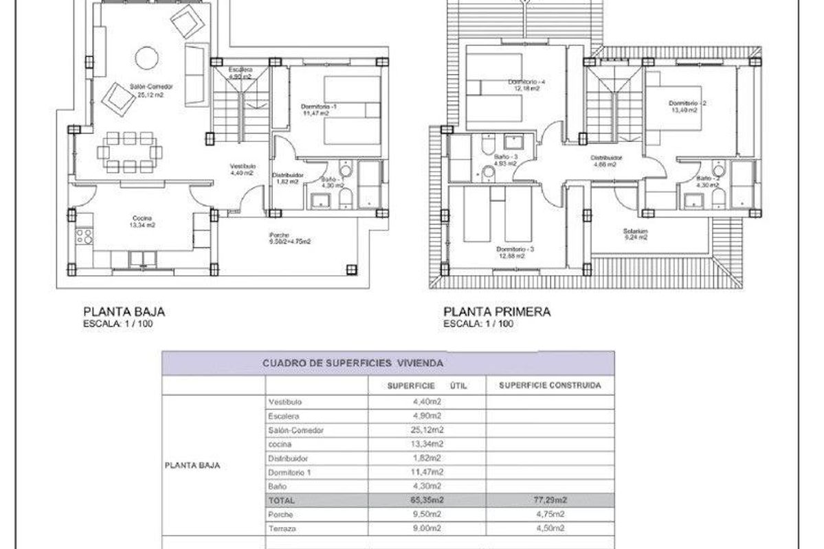 Plattegrond van de 4-slaapkamer villa in Lorca, met detail van de kamers en hun afmetingen.