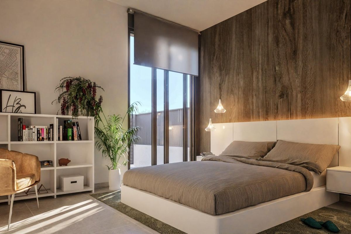 Gezellige slaapkamer met een groot raam en stijlvolle decoratie in de townhouse in Los Nietos, Costa Calida.