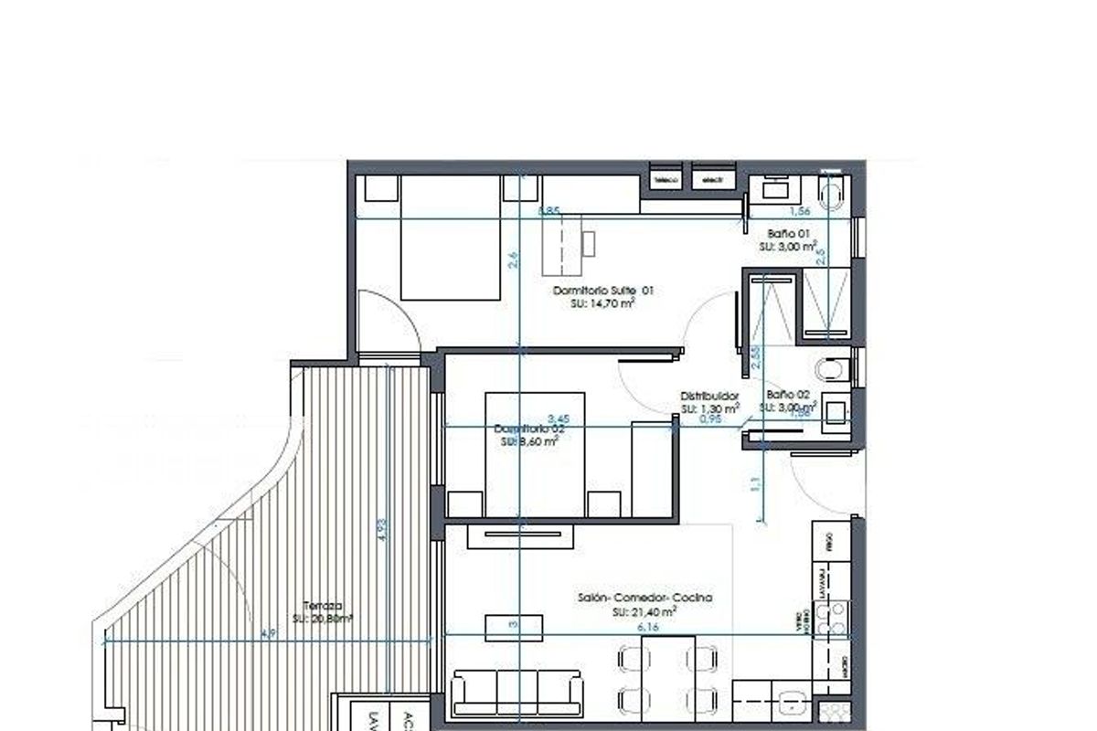 Plattegrond van een 2-slaapkamer appartement op de begane grond in Guardamar del Segura, ideaal voor kustleven.