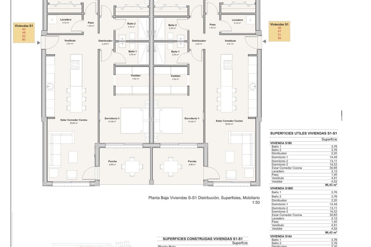 Gedetailleerde plattegrond van de indeling van een 3-slaapkamer appartement in een hedendaags gebouw in Mojacar, Costa de Almeria.