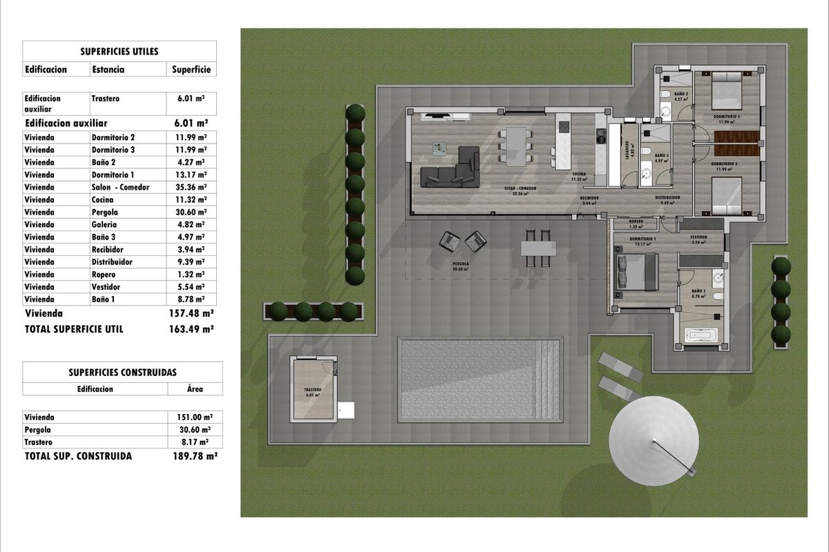 Plattegrond van de moderne 3-slaapkamer villa in Aspe, Costa Blanca Zuid, toont de ruime indeling en ontwerp.