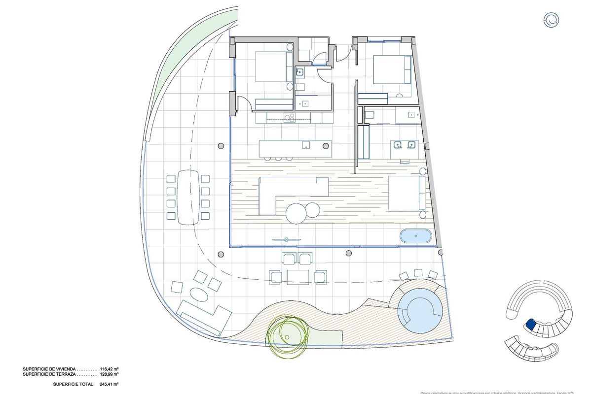 Plattegrond van een ruim 3-slaapkamer appartement in Fuengirola, met een moderne indeling en terras.