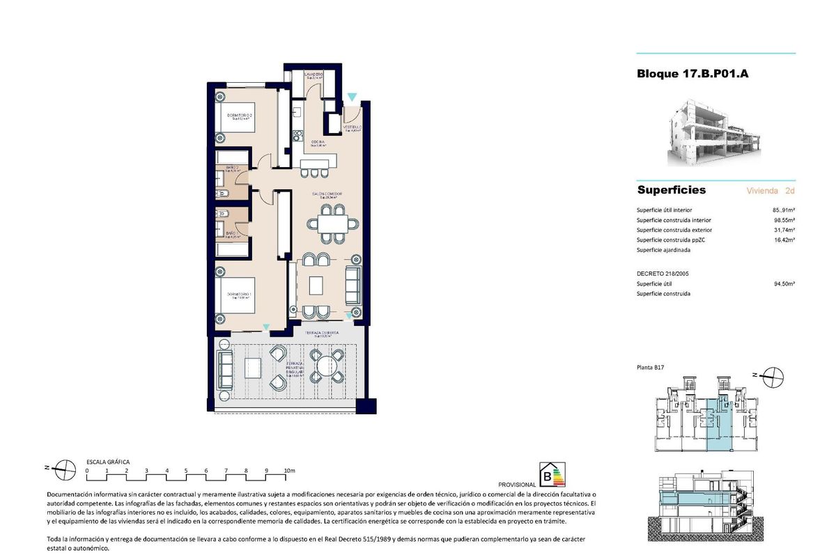 Plattegrond van een 2-slaapkamer appartement met indeling en afmetingen in Estepona, Costa del Sol.