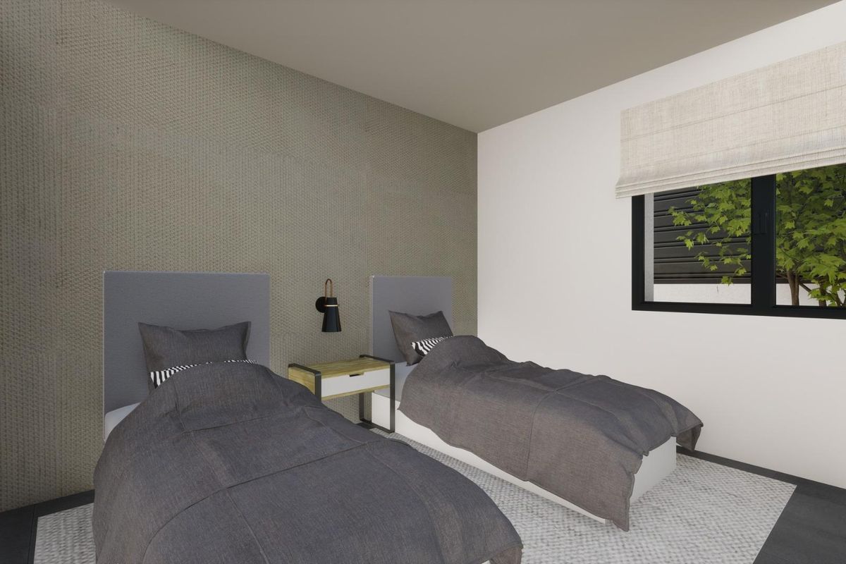 Peaceful twin bedroom in a Pinoso 3-bed villa featuring natural textures and a tranquil atmosphere.