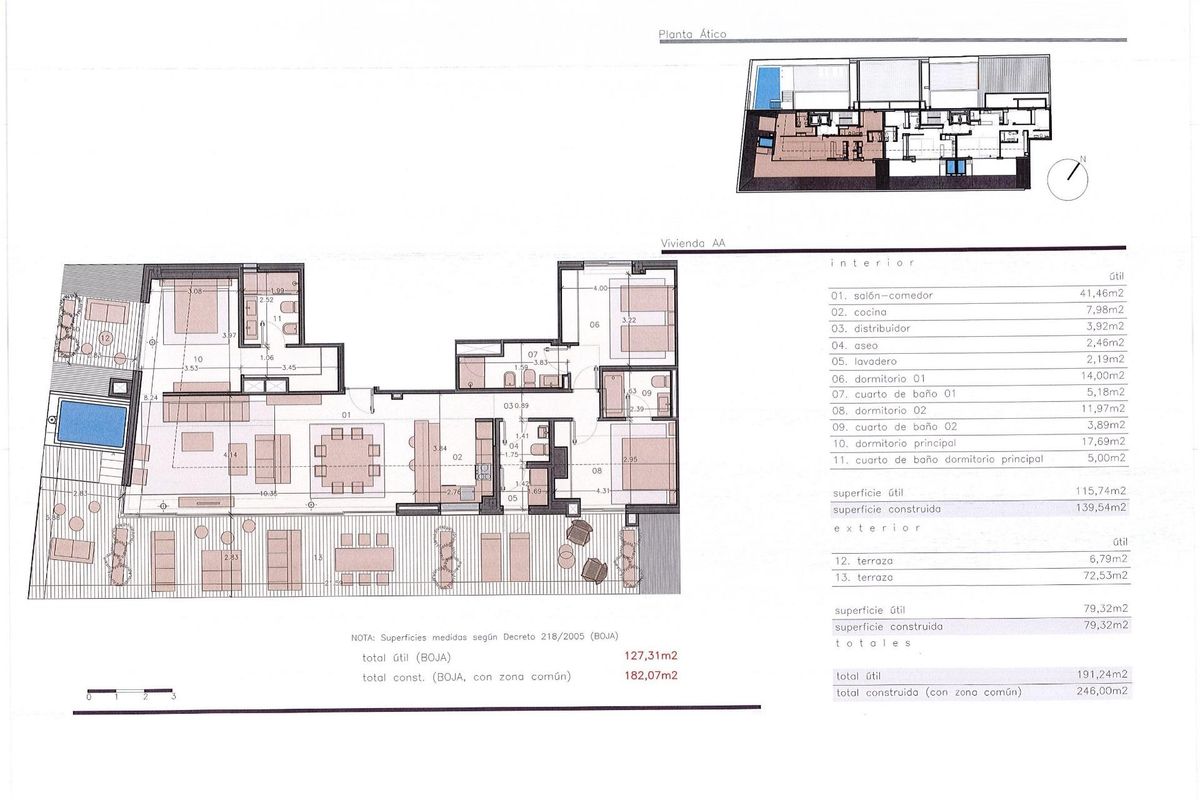 Plattegrond van een 3-slaapkamer penthouse in Fuengirola, toont de ruime indeling en terras.