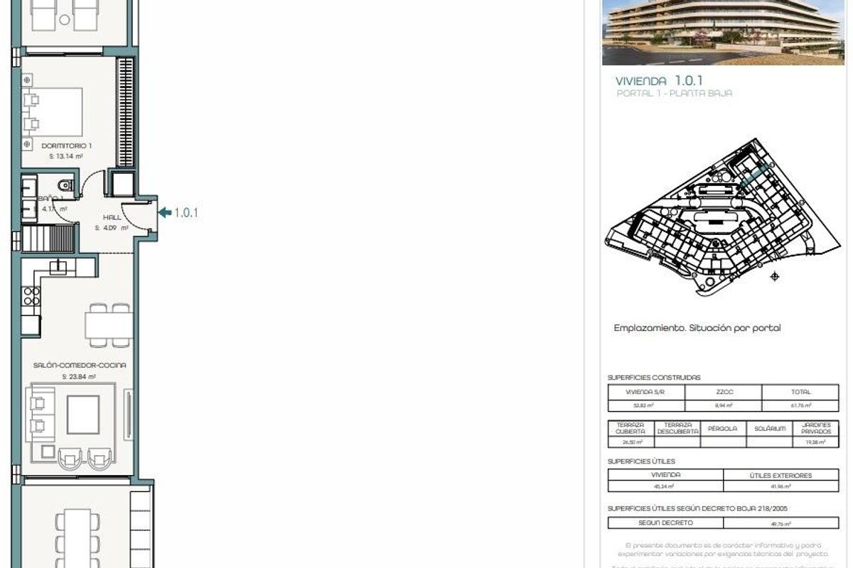 Plattegrond van een 1-slaapkamer appartement, toont indeling en voorzieningen in Estepona, Costa del Sol.