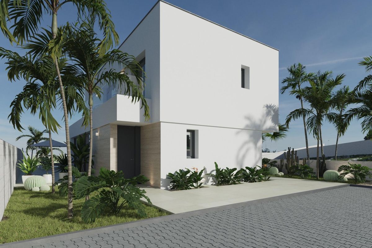 Verwelkomende ingang van een moderne villa met 3 slaapkamers en palmbomen in Ciudad Quesada, Costa Blanca Zuid.