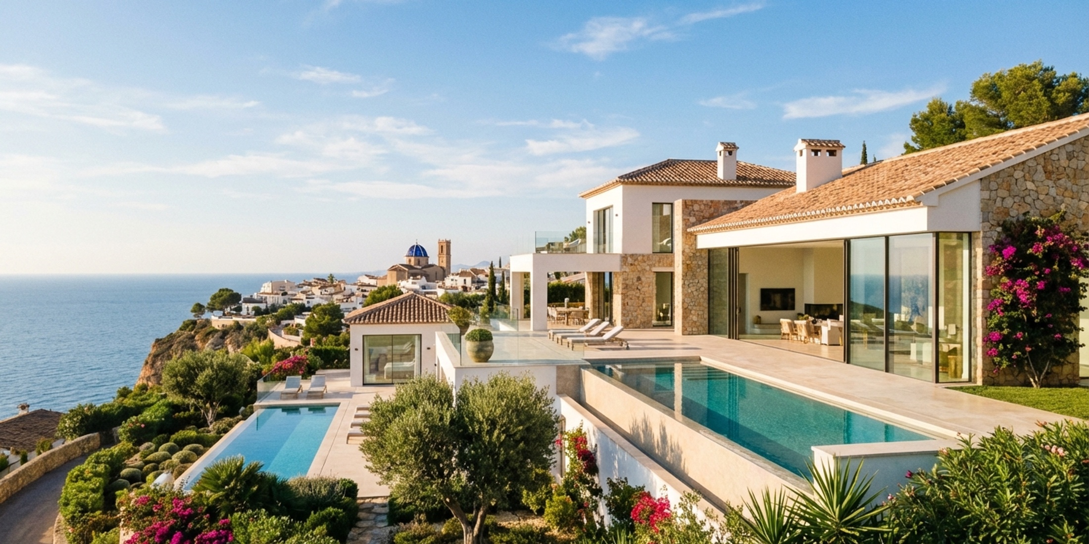 Panoramisch uitzicht op een moderne villa die uitkijkt over de Middellandse Zee in Altea