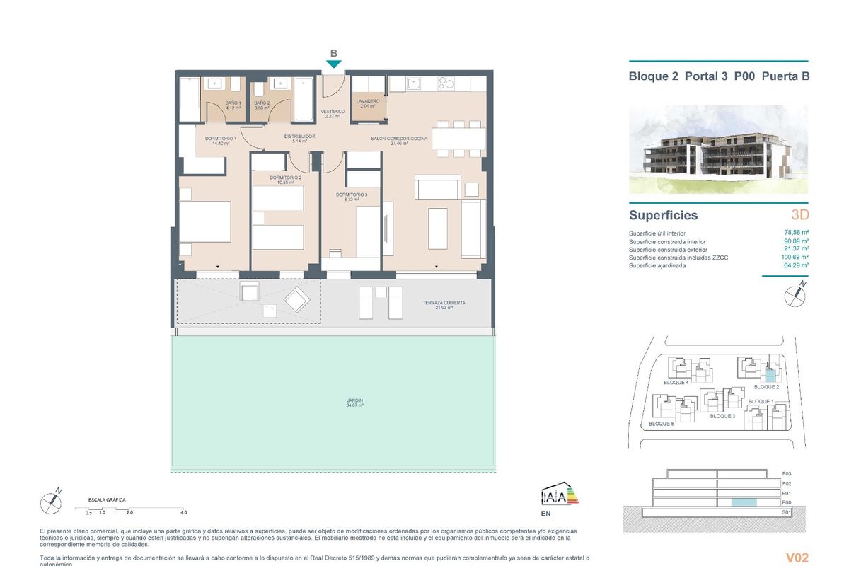 Plattegrond van een 3-slaapkamer appartement in Godella, met de indeling en afmetingen van de leefruimtes.