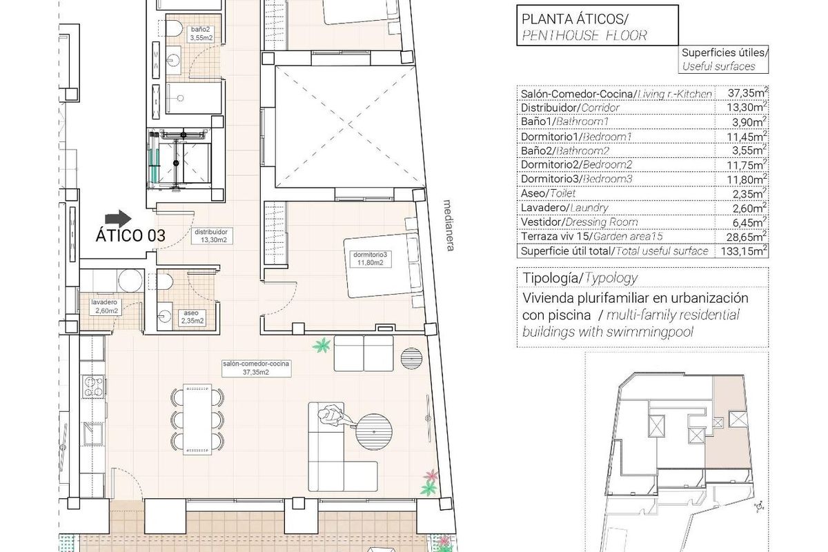 Plattegrond van een 3-slaapkamer penthouse, met indeling en ruimtes in Hondón de las Nieves, Costa Blanca Zuid.