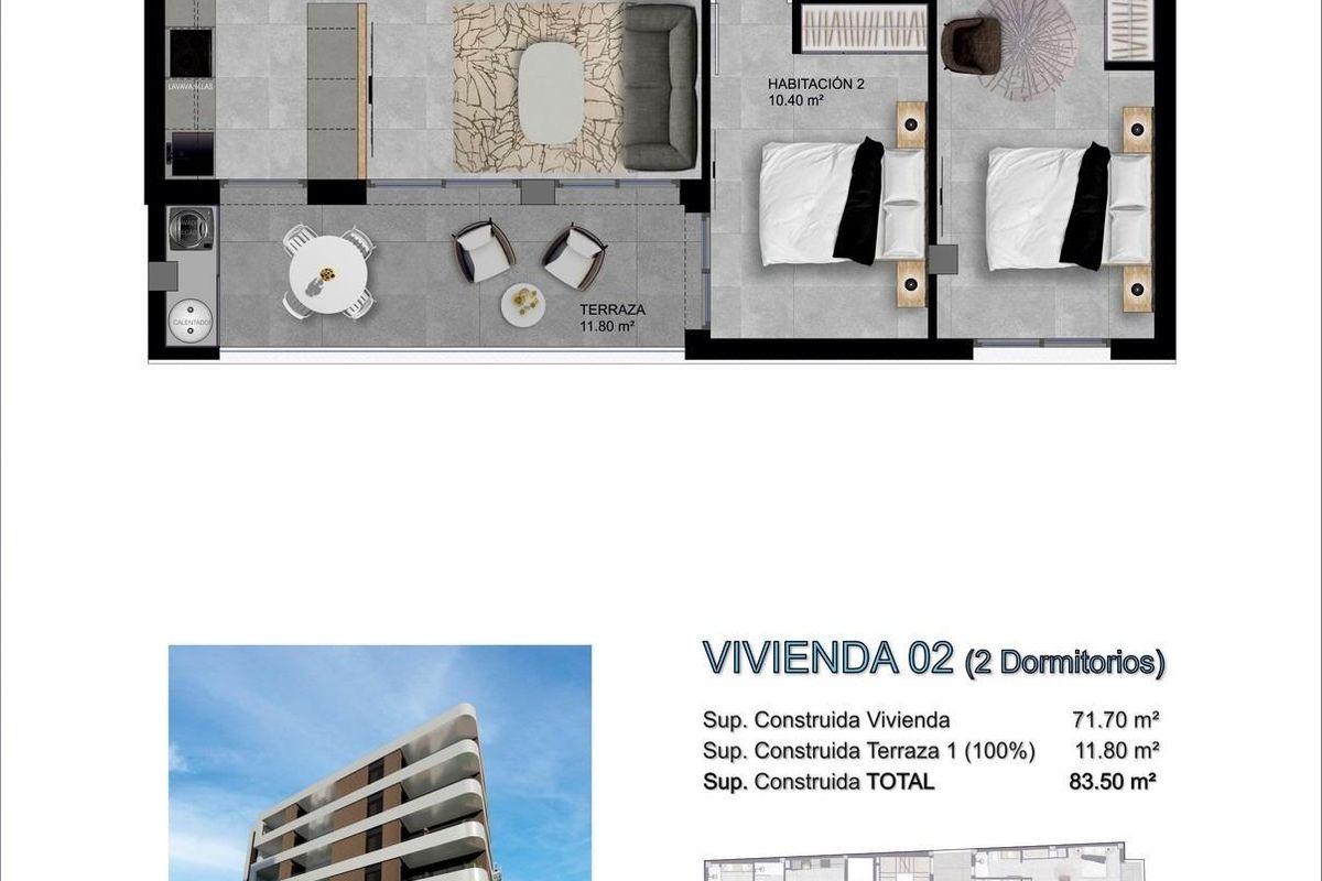 Plattegrond van een 2-slaapkamer appartement in Santa Pola, met details over indeling en kamers.