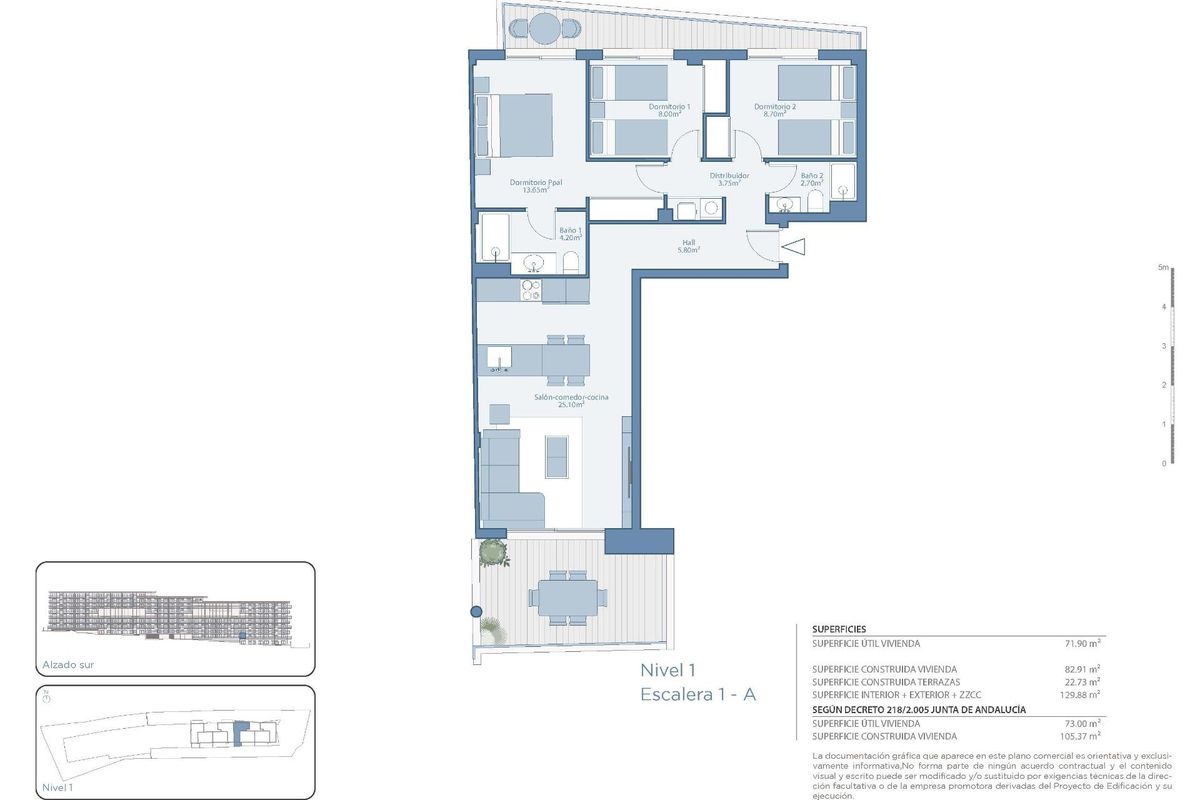 Plattegrond van een 3-slaapkamer appartement in Fuengirola, met indeling en woonruimtes.