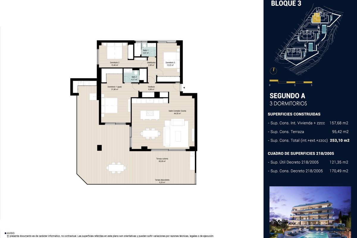 Plattegrond van een 3-slaapkamer appartement met indeling en afmetingen in Fuengirola, Spanje.