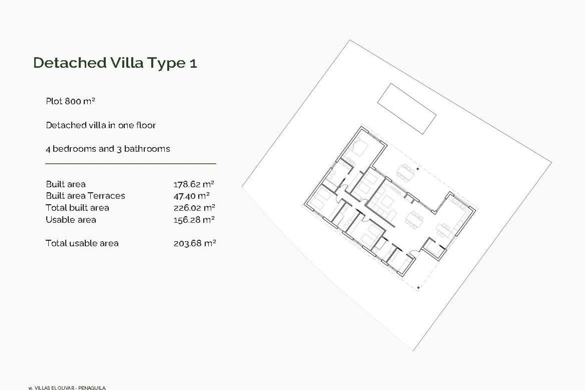 Plattegrond van een moderne vrijstaande villa in Penaguila, met 4 slaapkamers en 3 badkamers.