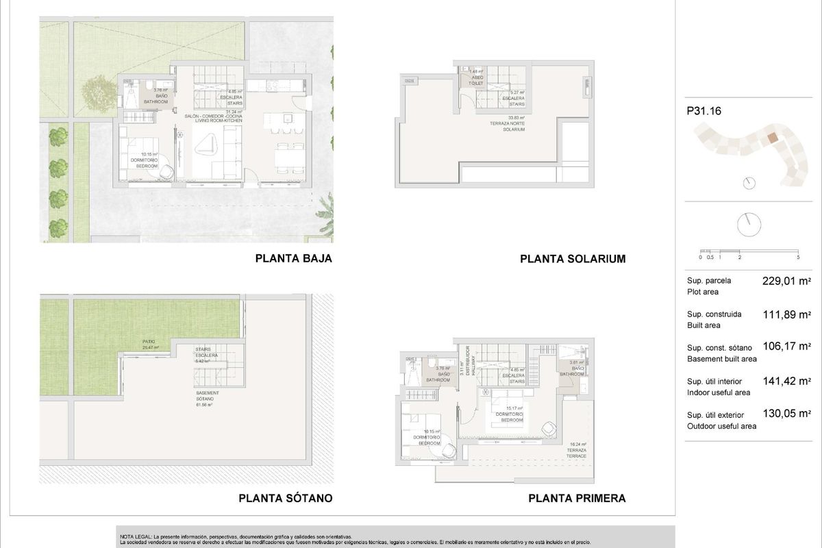 Gedetailleerde plattegrond van een 3-slaapkamer villa, met indeling van verschillende niveaus in Torre Pacheco, Costa Calida, Spanje.