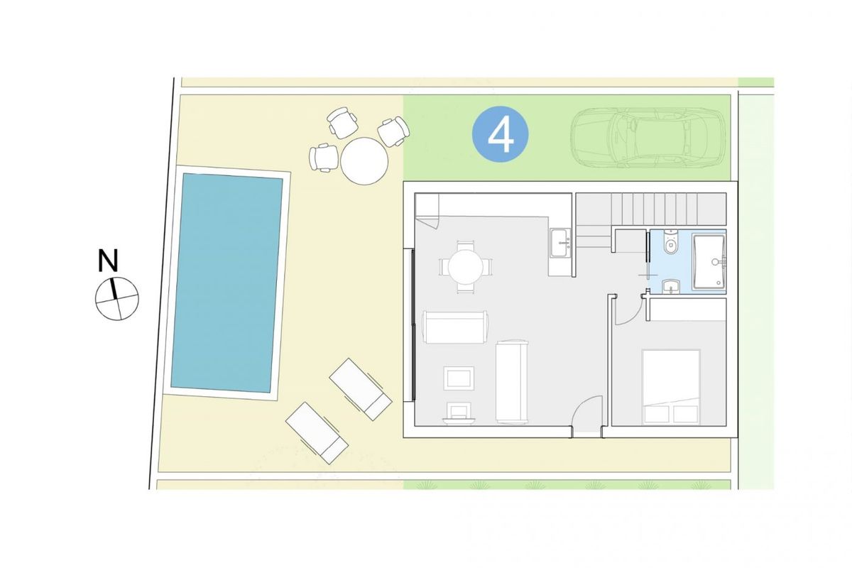 Plattegrond van een 3-slaapkamer villa in Orihuela Costa, met een zwembad en buitenzitje.