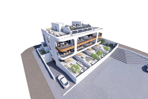 Luchtfoto van een modern 3-slaapkamer penthouse in Benijofar, Costa Blanca, met ruime terrassen en tuinen.