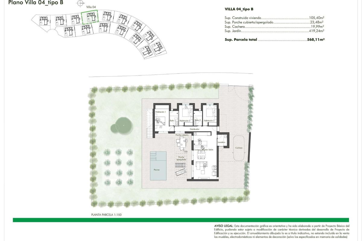 Plattegrond van een 3-slaapkamer villa in Fuente Álamo, met indeling en buitenruimte.