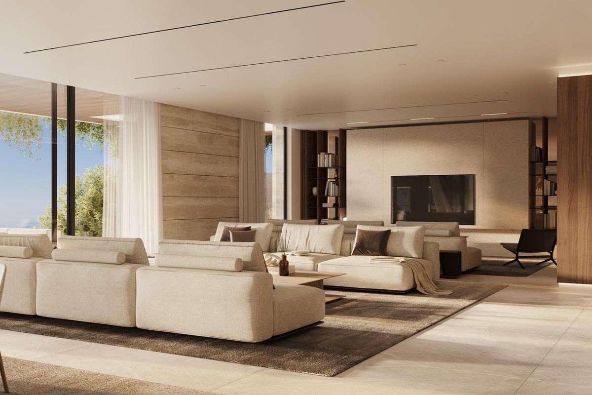 Stijlvolle woonkamer in een villa in Benahavís, met eigentijds ontwerp en overvloedig natuurlijk licht.