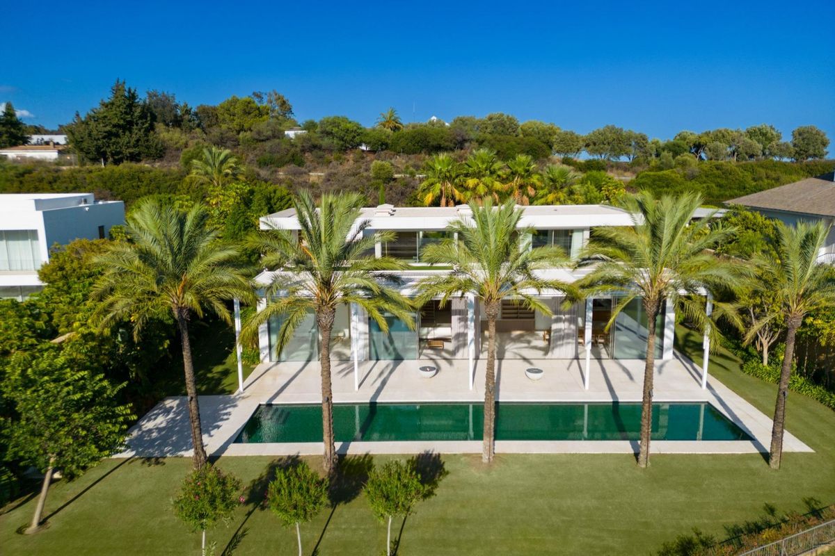 Luchtfoto van een moderne 4-slaapkamer villa in Casares met een zwembad en palmbomen.