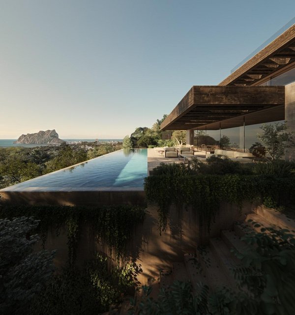 Prachtig uitzicht op het oneindige zwembad van de villa in Benissa, met uitzicht op de zee en bergen.