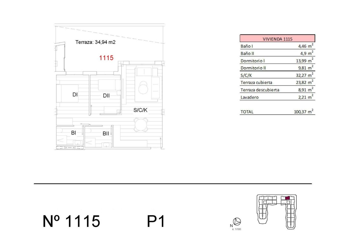 Plattegrond van een 2-slaapkamer appartement op de begane grond in San Miguel de Salinas, met indeling en afmetingen.