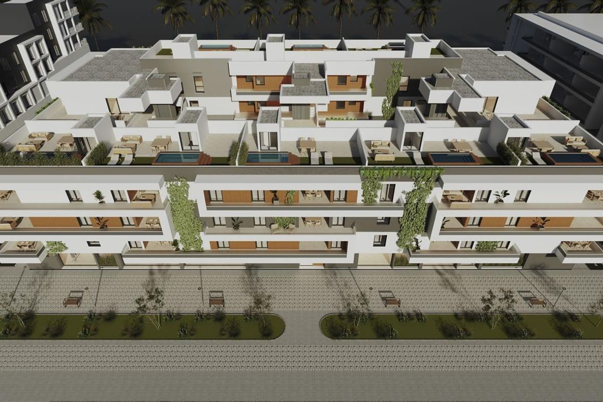 Vluchtige afbeelding van de indeling van de moderne penthouse, met terrassen en groen in San Pedro De Alcantara.
