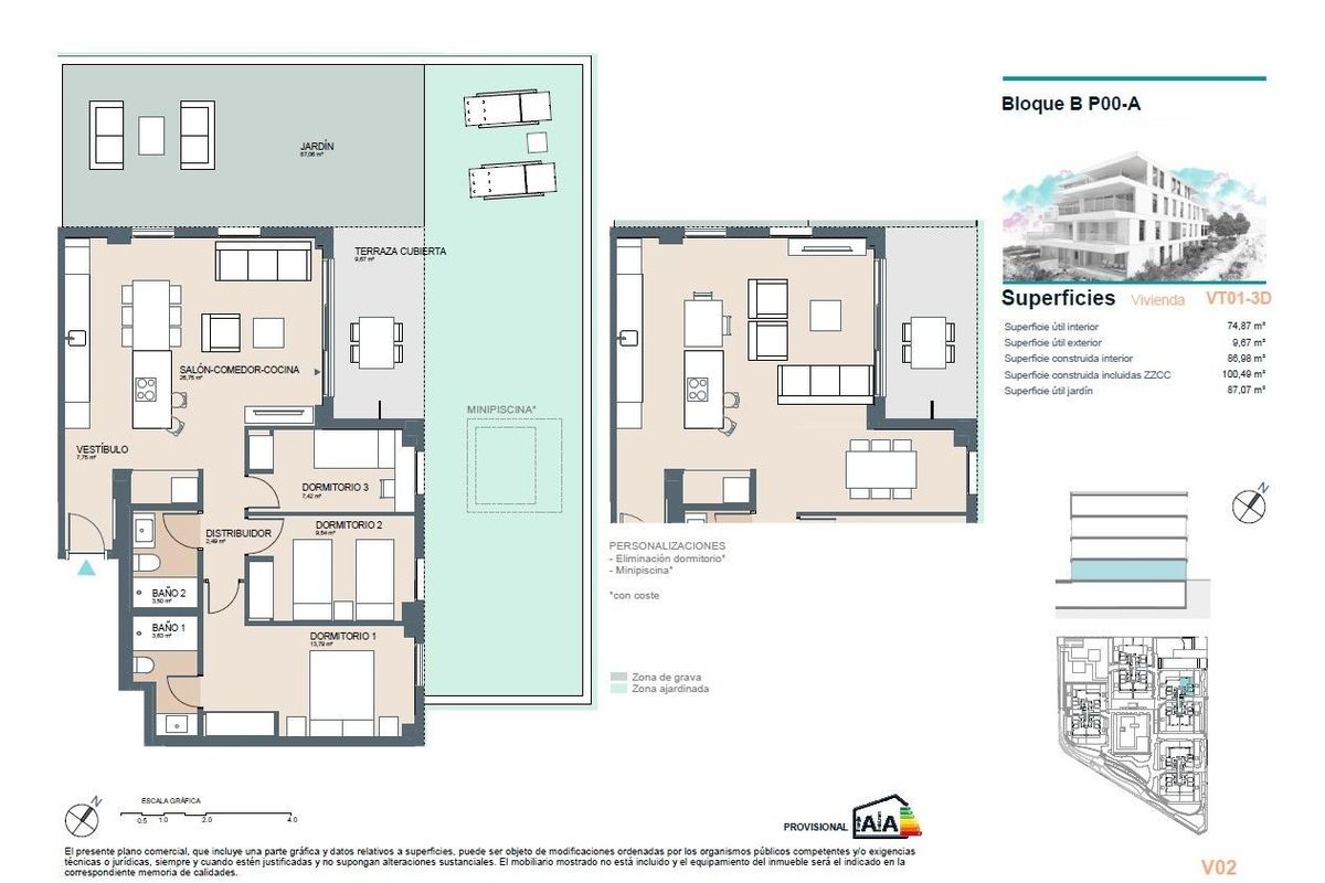 Plattegrond van een 3-slaapkamer appartement op de begane grond in Benicassim, met indeling en ruimtes.