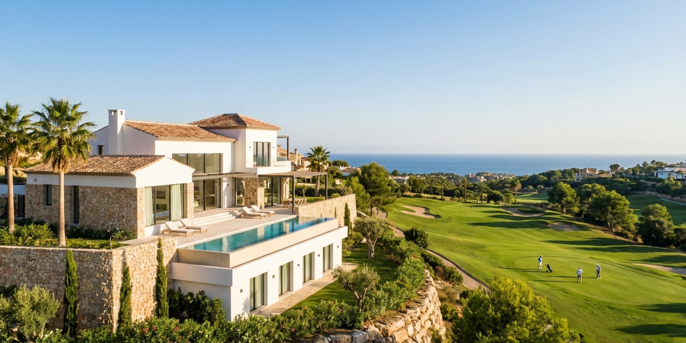 Panoramisch uitzicht op een luxe villa met uitzicht op een groene golfbaan aan de Costa Blanca