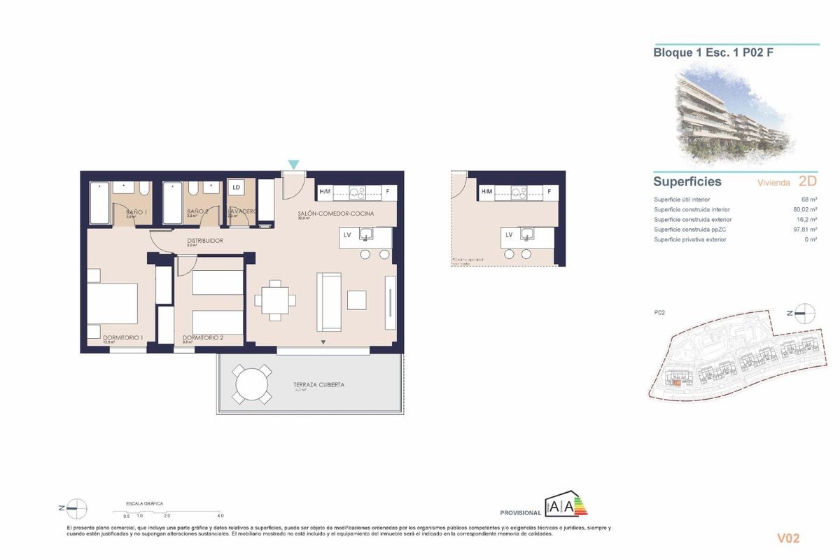 Plattegrond van een 2-slaapkamer appartement in Denia, Costa Blanca North, met de indeling en afmetingen.