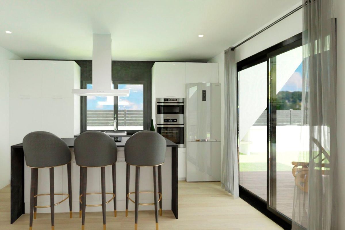 Moderne keuken met ontbijtbark en uitzicht op buiten in een 3-slaapkamer villa, Hondón de las Nieves.