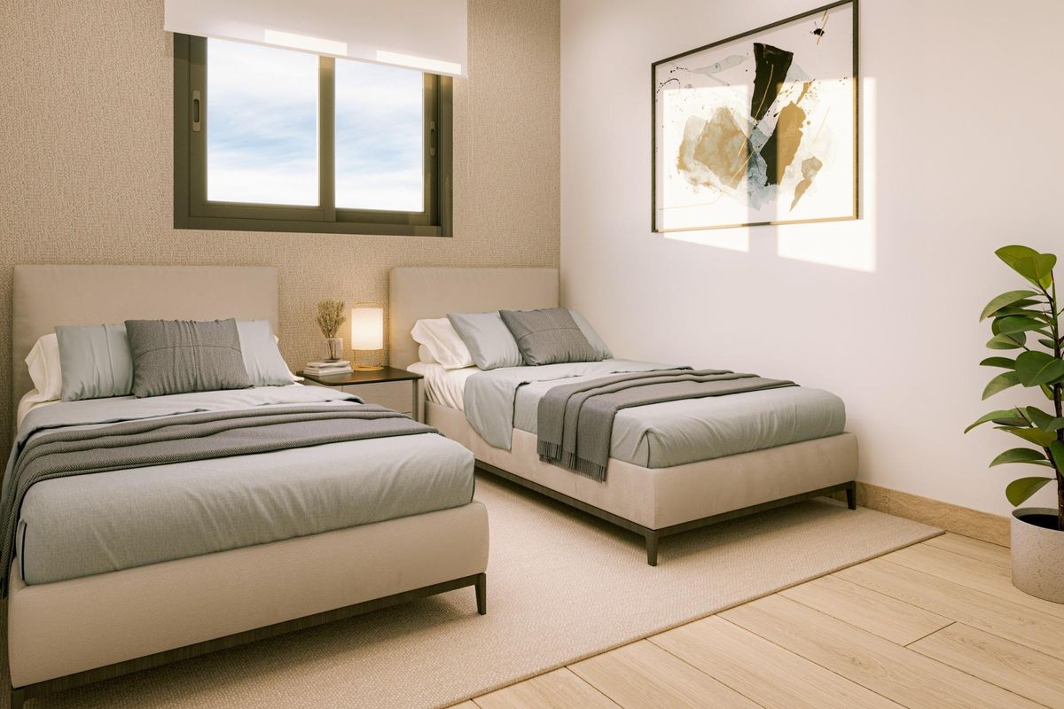 Gezellige slaapkamer met twee eenpersoonsbedden, gelegen in een 2-slaapkamer appartement in Torrevieja, Costa Blanca Zuid.