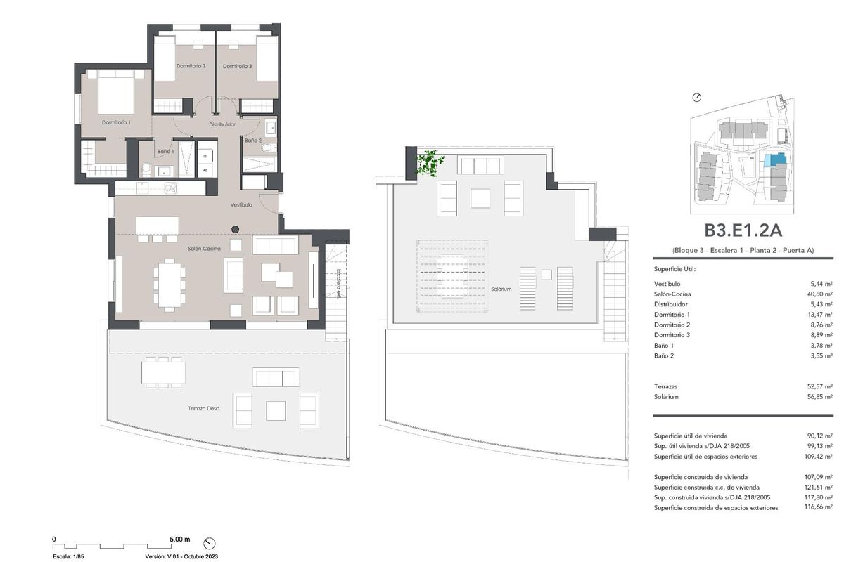 Plattegrond van een 3-slaapkamer penthouse in Estepona, met ruime woonruimtes.
