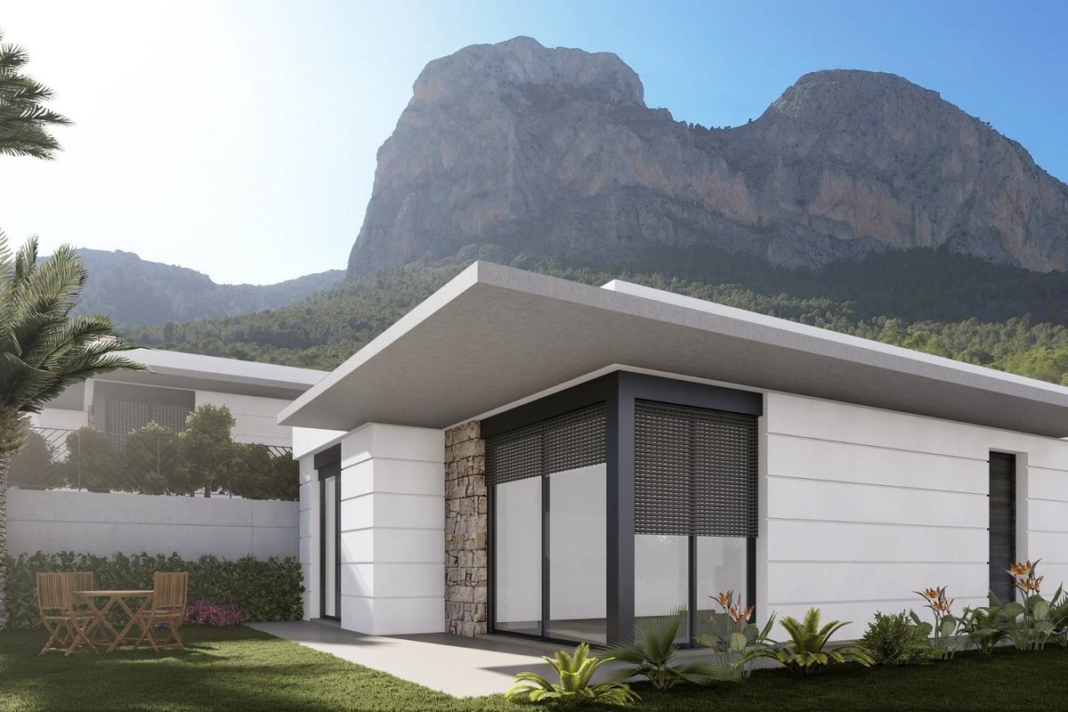 Sfeervol ontwerp van een 3-slaapkamer villa met een privé-tuin en omliggende bergen in Polop, Costa Blanca Noord.